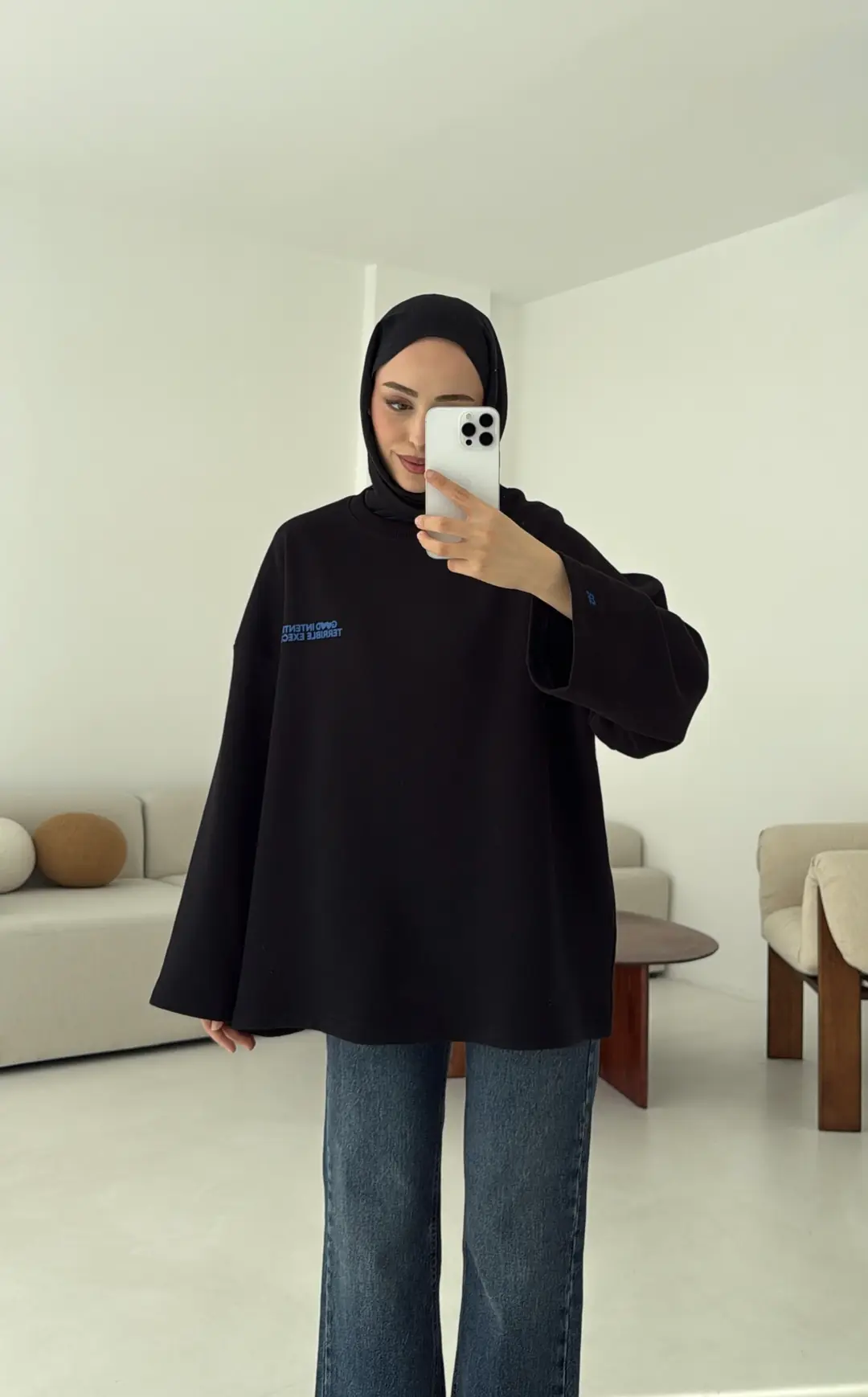 Nakışlı Oversize Sweatshirt Siyah
