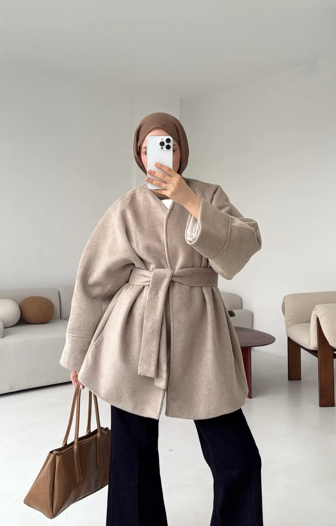 Premium Kuşaklı Kaşe Kaban Bej