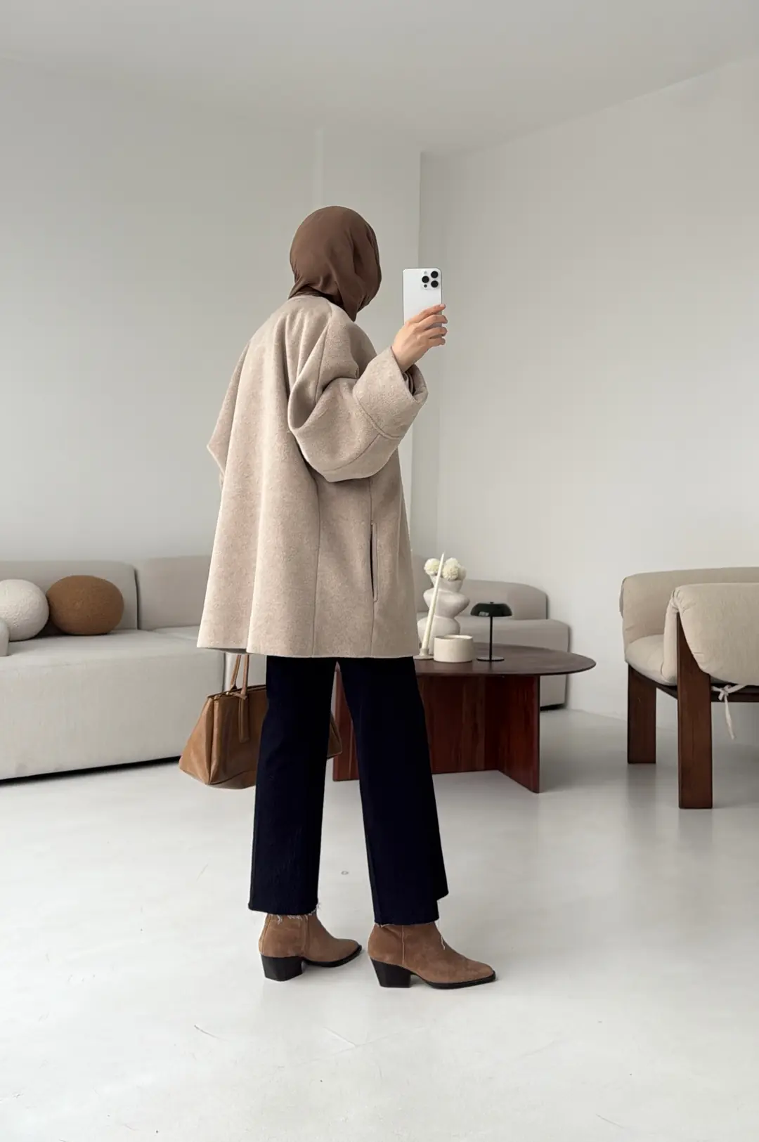 Premium Kuşaklı Kaşe Kaban Bej