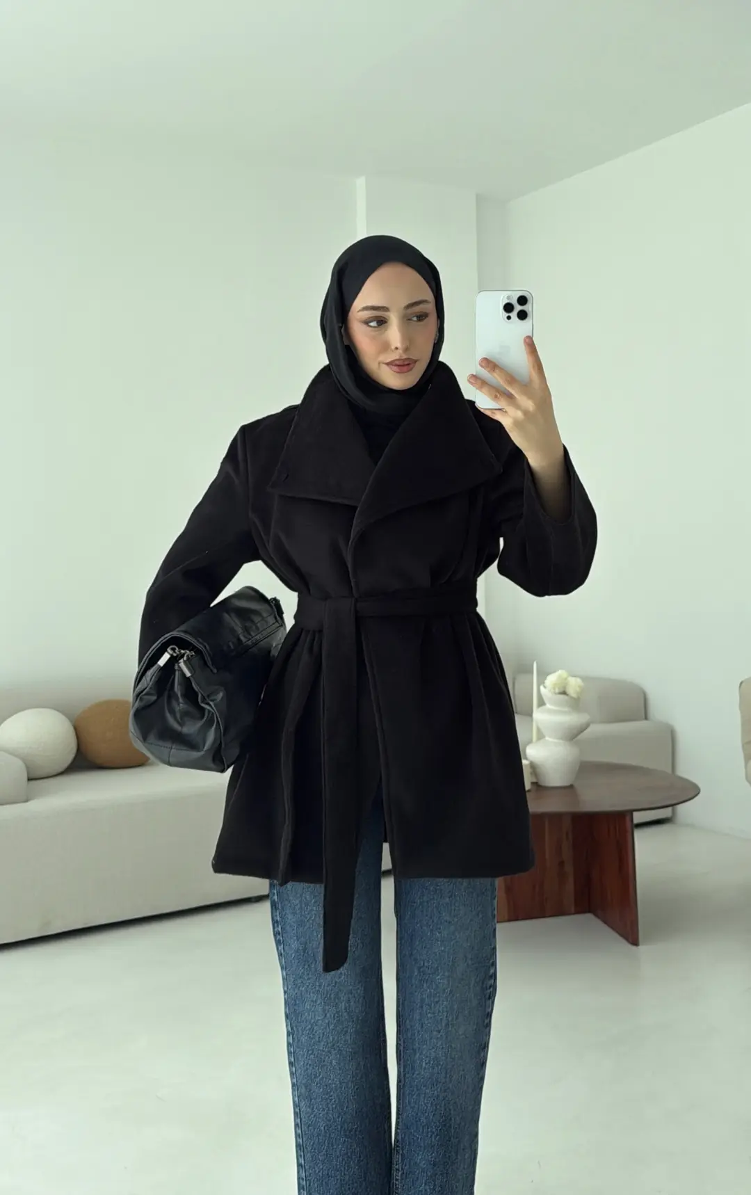 Dik Yaka Kaşe Kaban Siyah