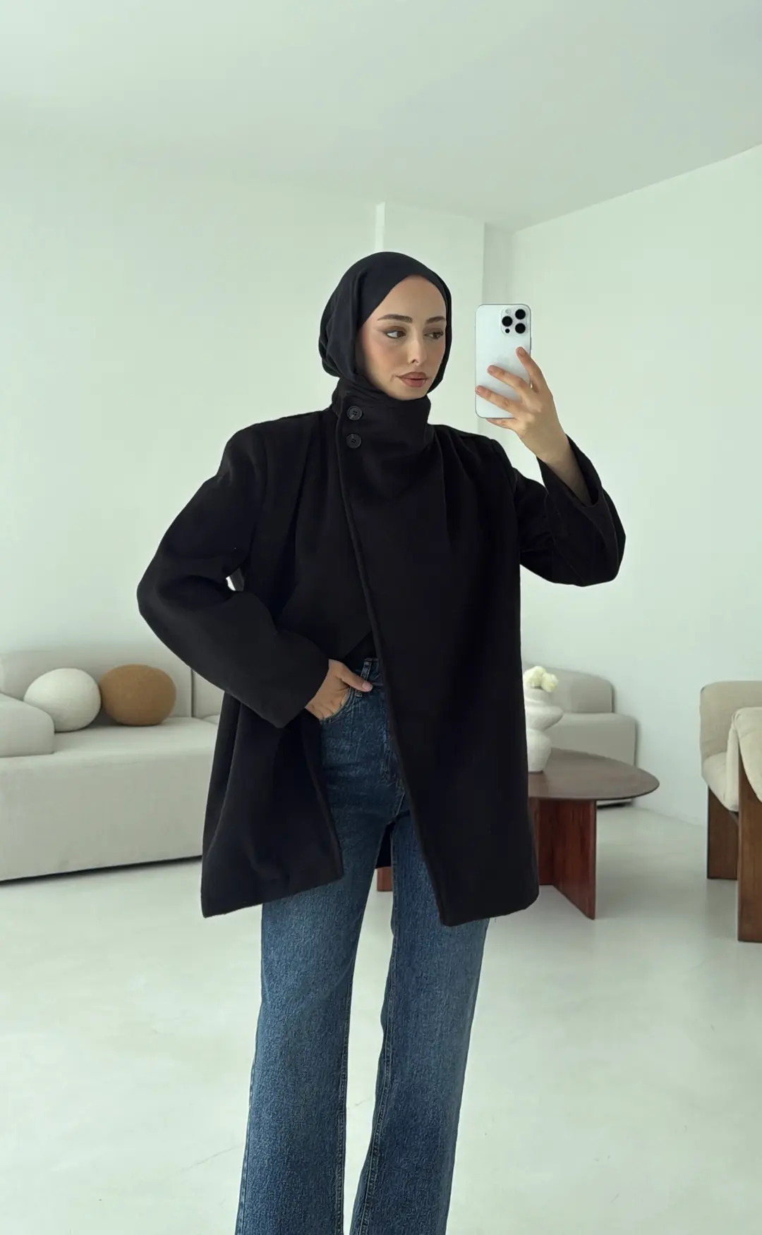 Dik Yaka Kaşe Kaban Siyah