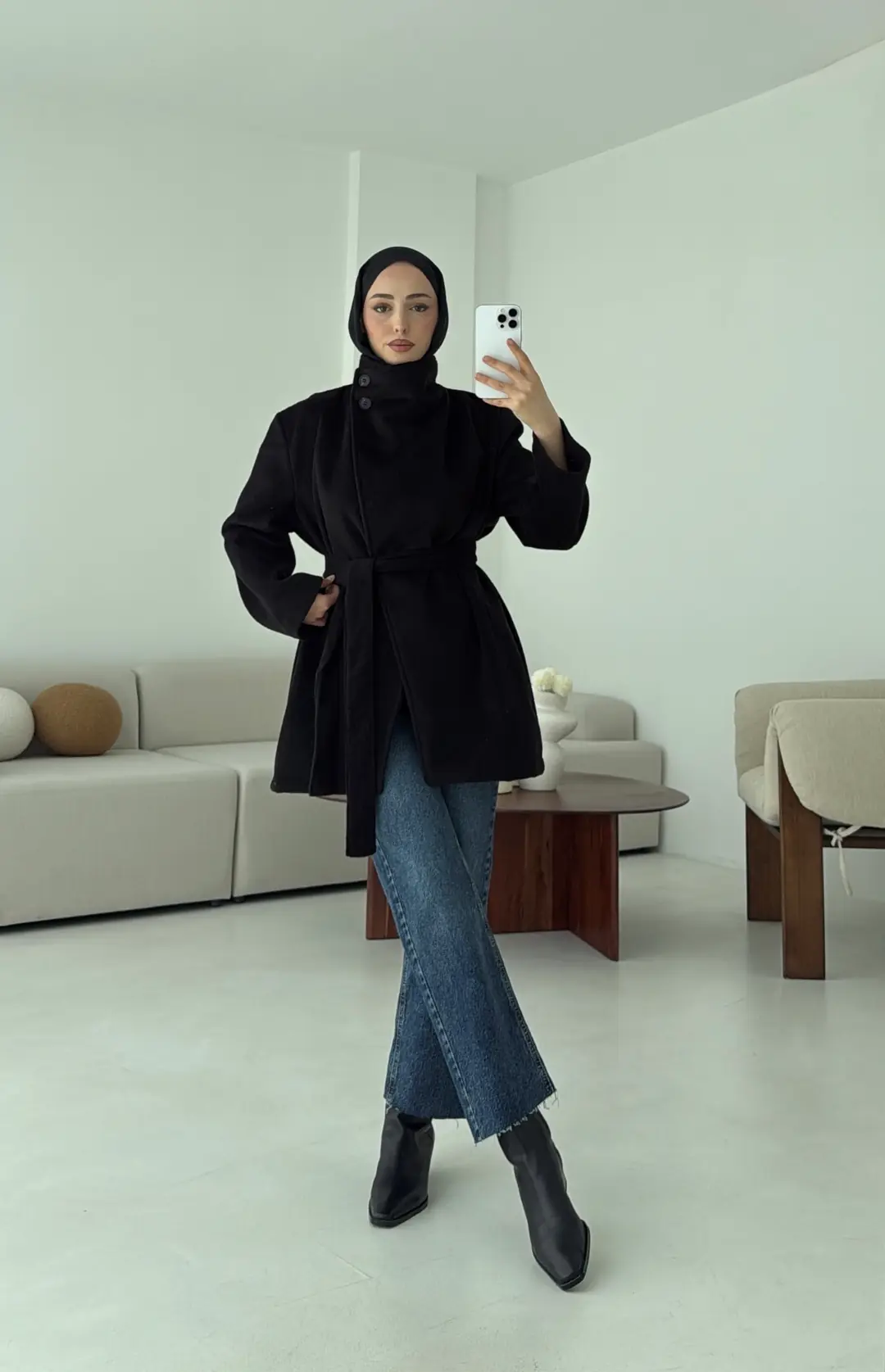 Dik Yaka Kaşe Kaban Siyah