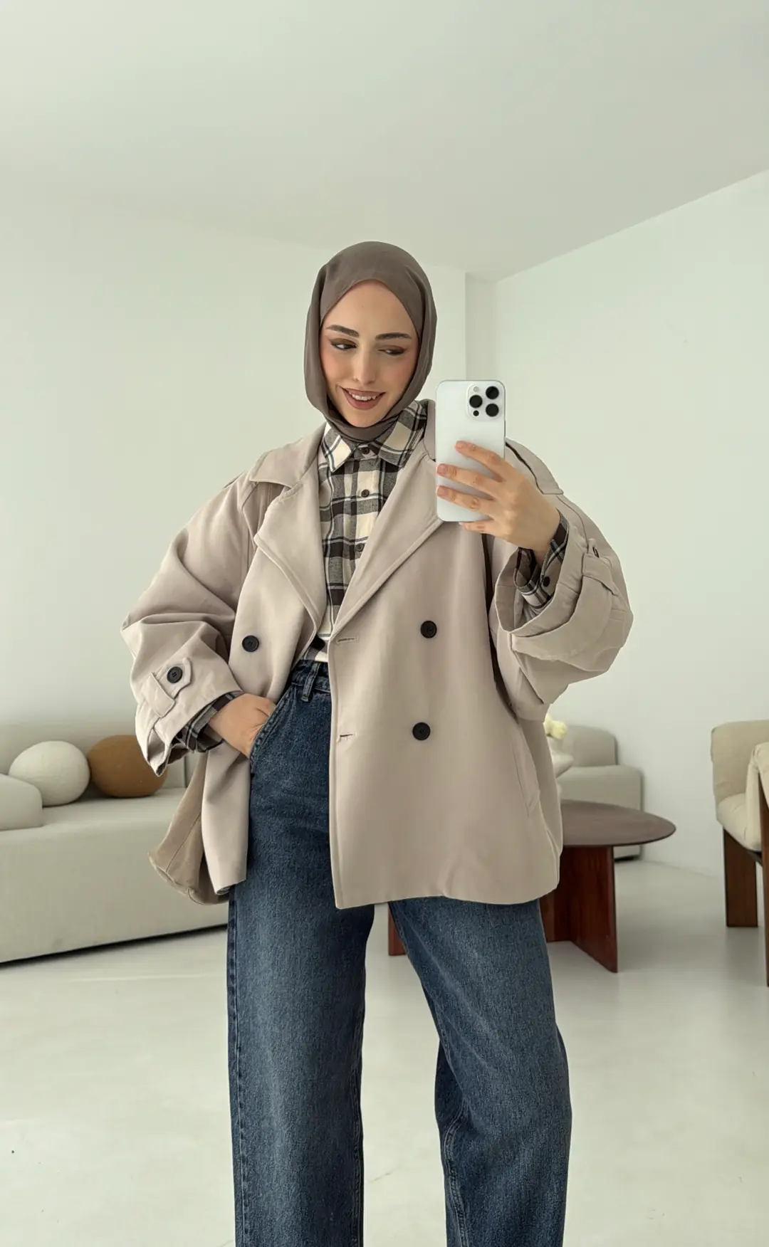 Geniş Kol Oversize Trençkot Taş