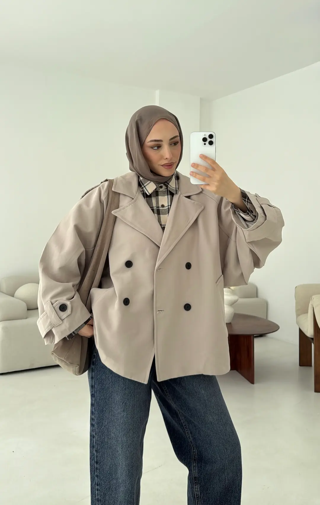 Geniş Kol Oversize Trençkot Taş