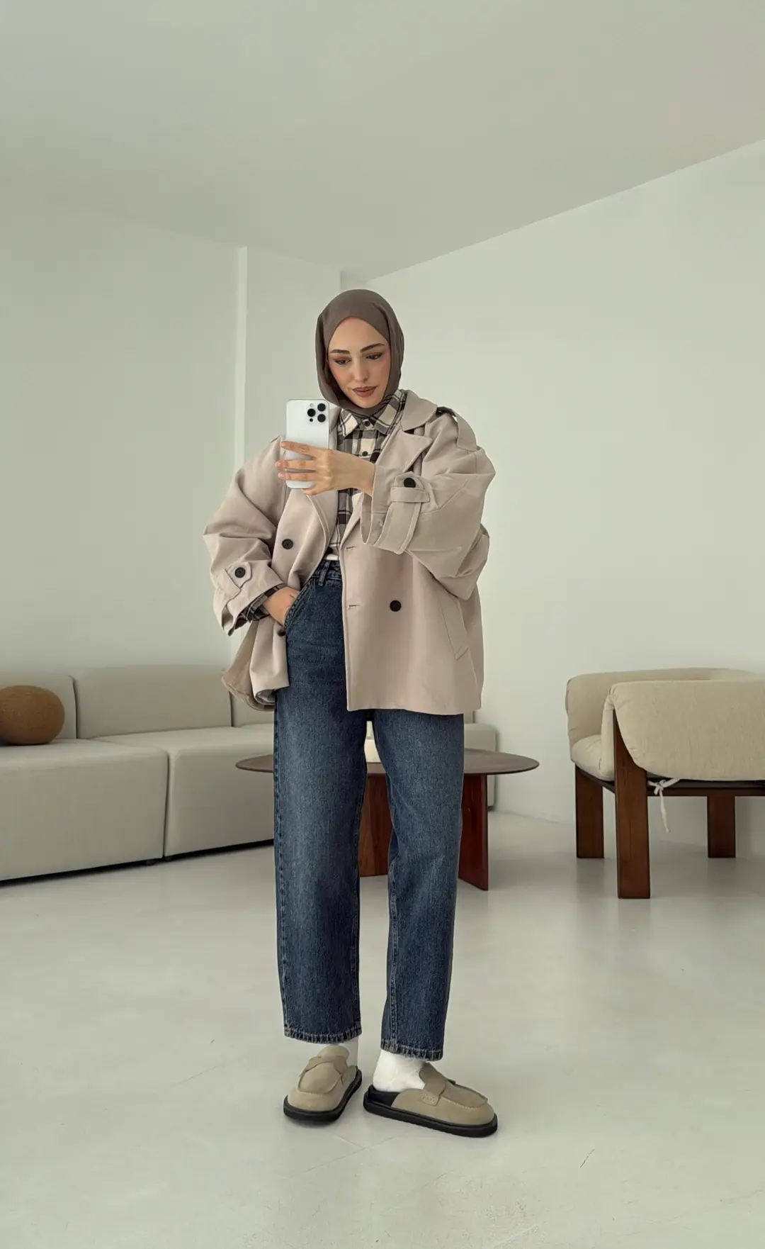 Geniş Kol Oversize Trençkot Taş