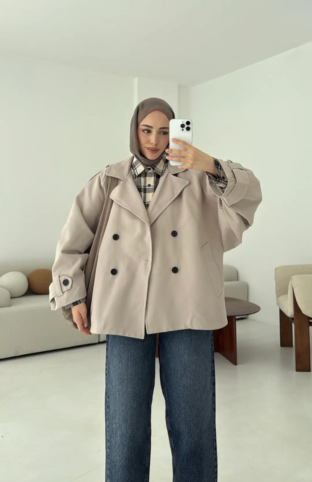 Geniş Kol Oversize Trençkot Taş