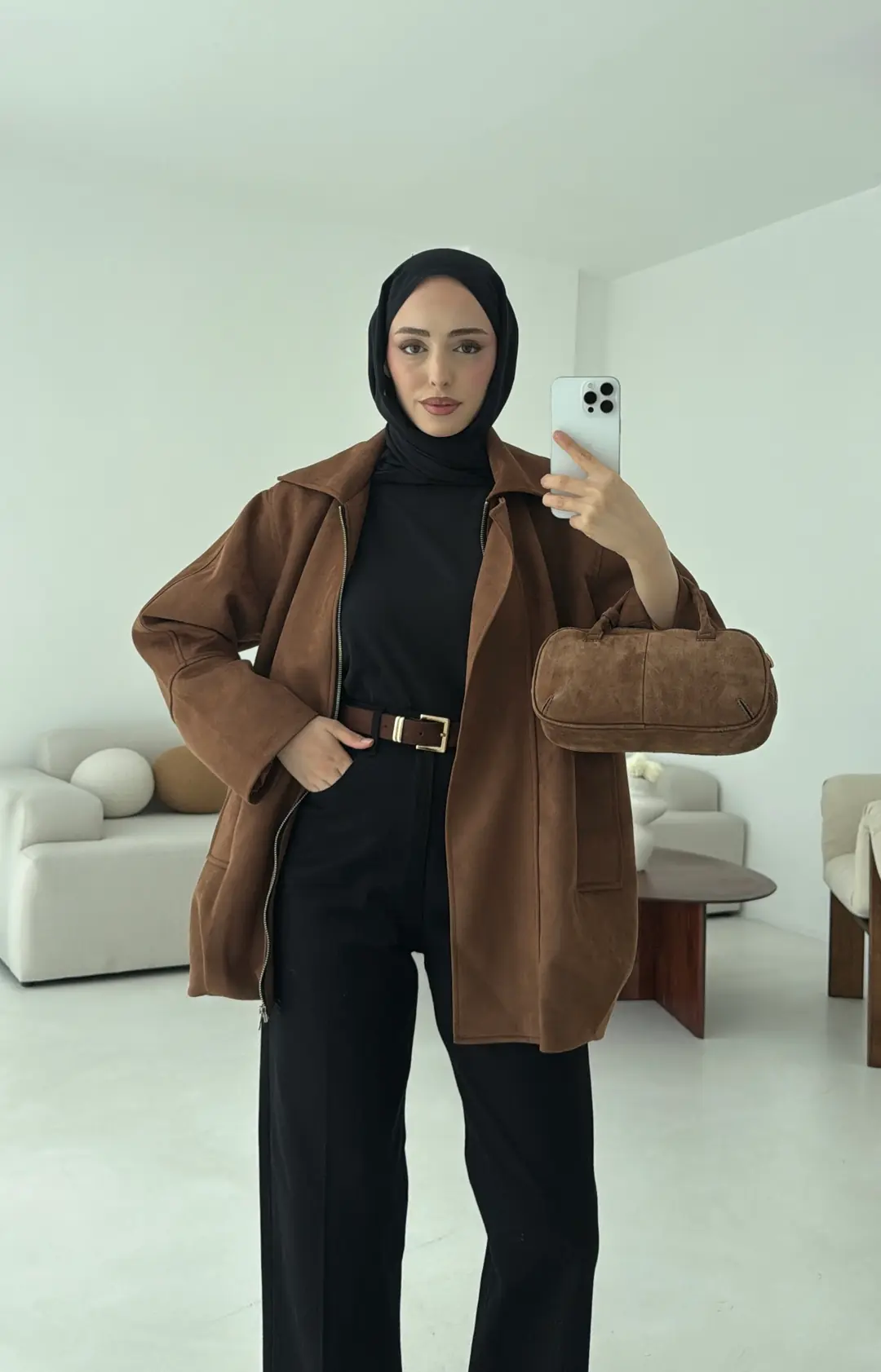 Fermuarlı Süet Ceket Taba