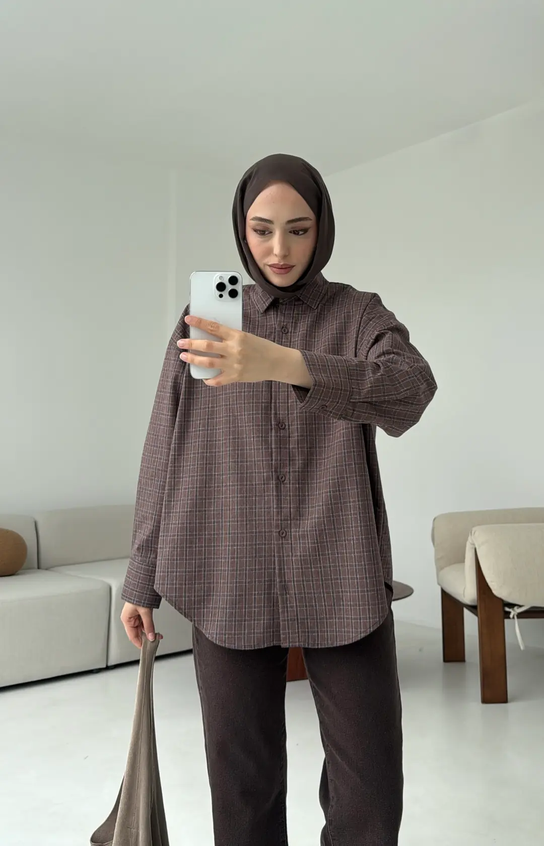 Kahve Lacivert Geçişli Ekose Gömlek