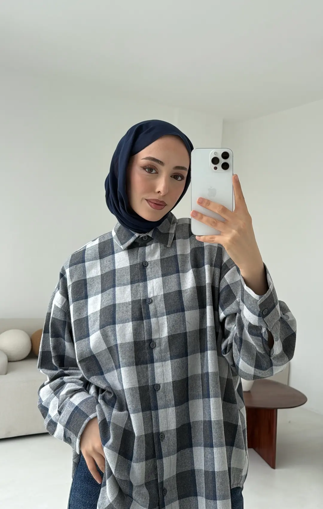 Gri Lacivert Geçişli Ekose Gömlek