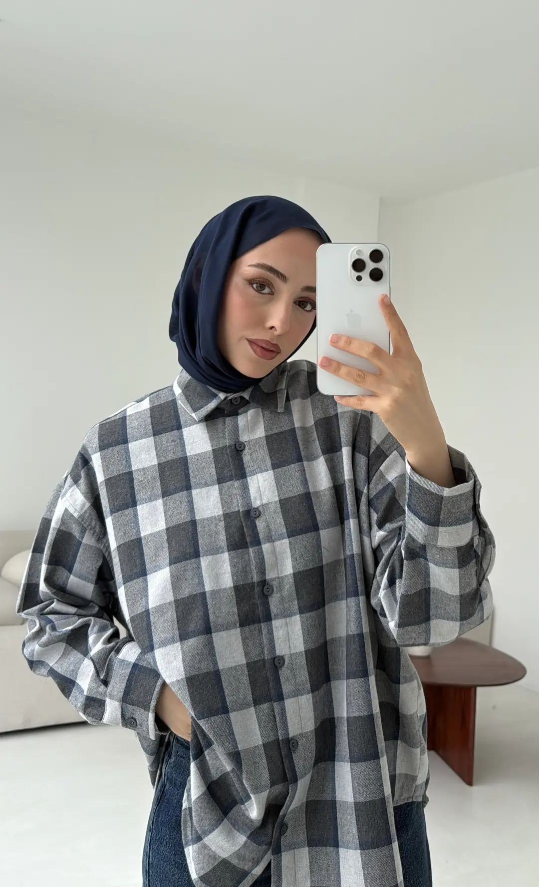 Gri Lacivert Geçişli Ekose Gömlek