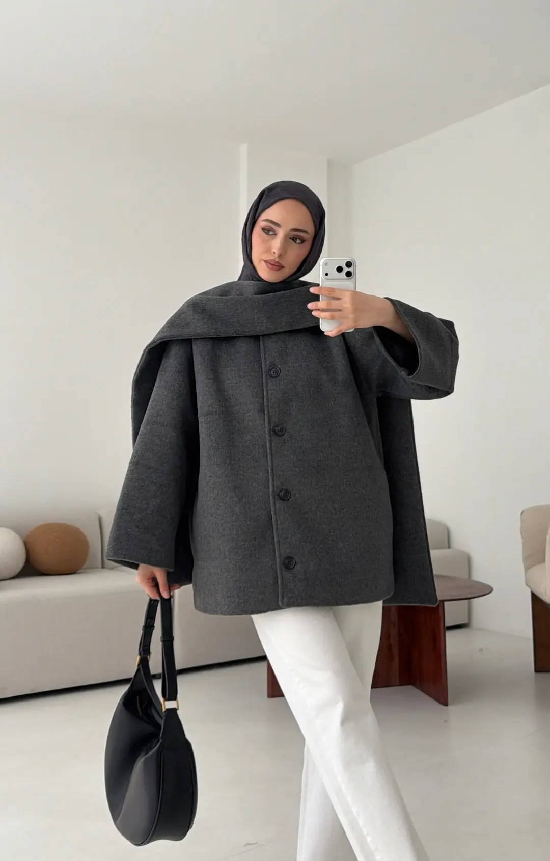 Atkılı Kaşe Kaban Gri
