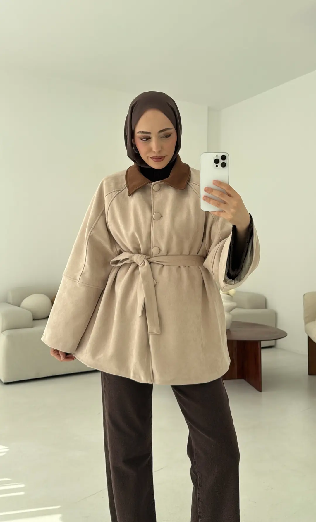 Nubuk Kontrast Yaka Ceket Bej
