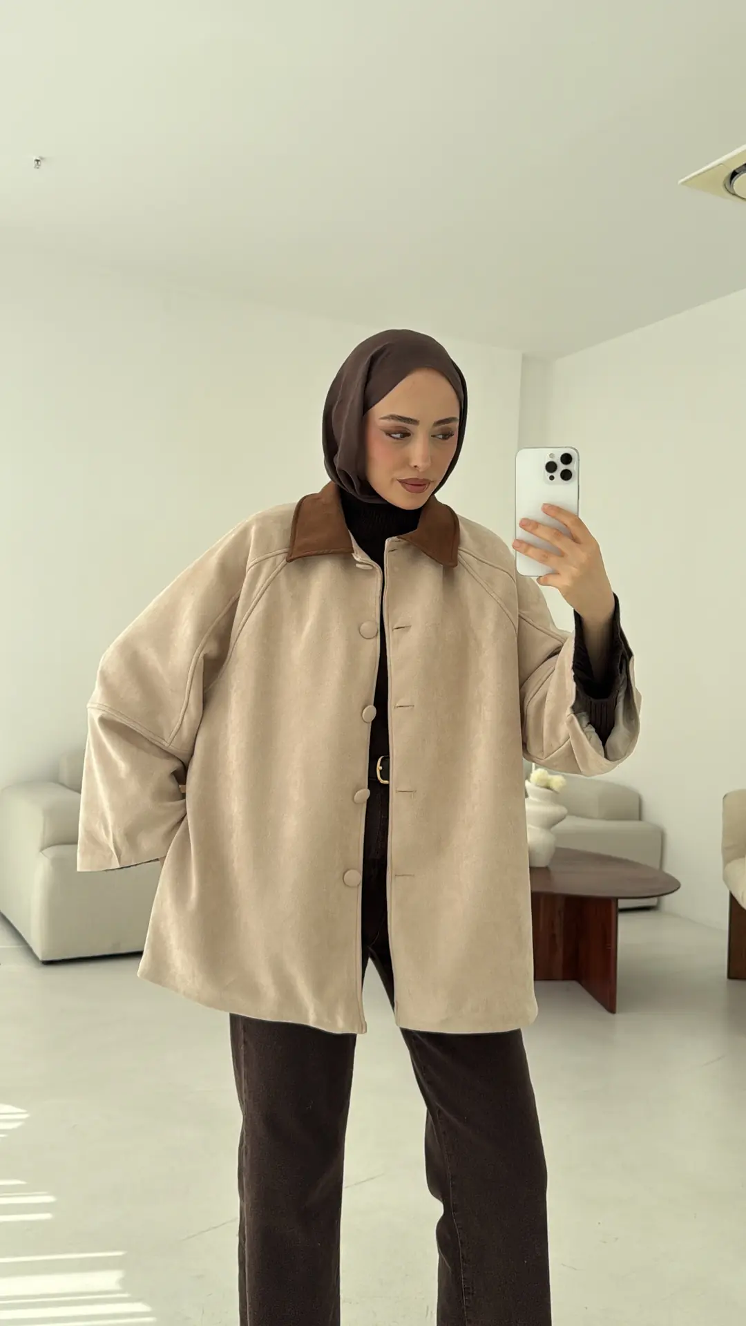 Nubuk Kontrast Yaka Ceket Bej