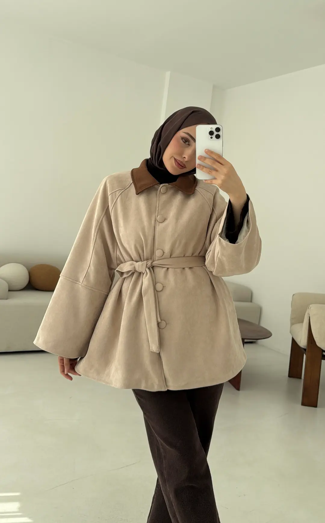 Nubuk Kontrast Yaka Ceket Bej