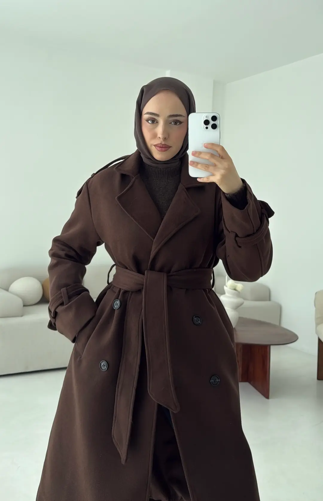 Premium Uzun Kaşe Kaban Kahve