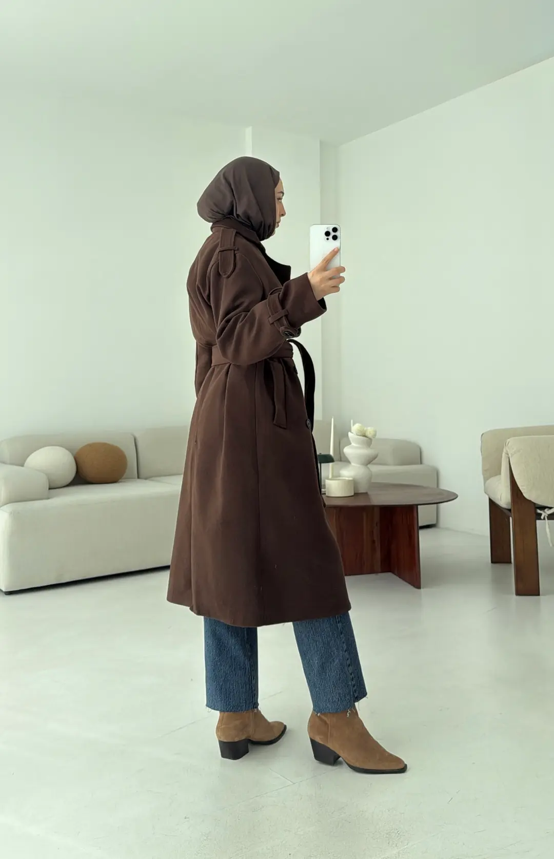 Premium Uzun Kaşe Kaban Kahve