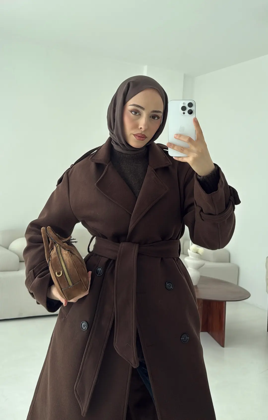 Premium Uzun Kaşe Kaban Kahve