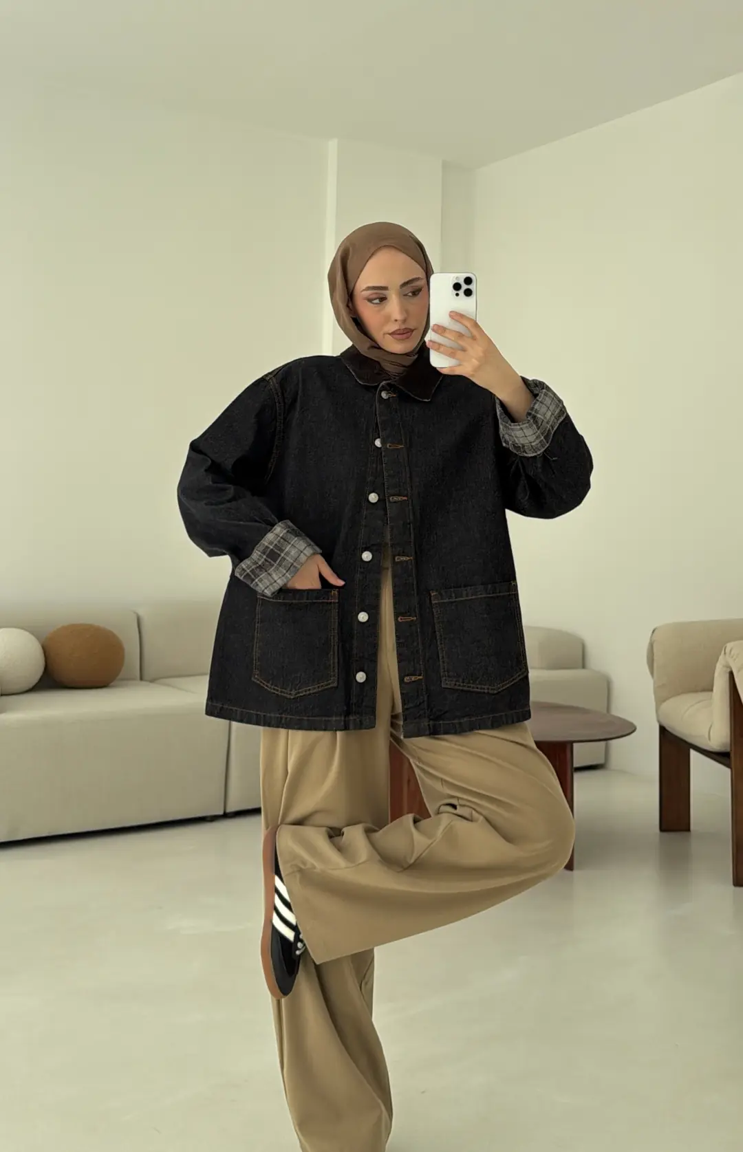 Astarı Ekose Detay Denim Ceket