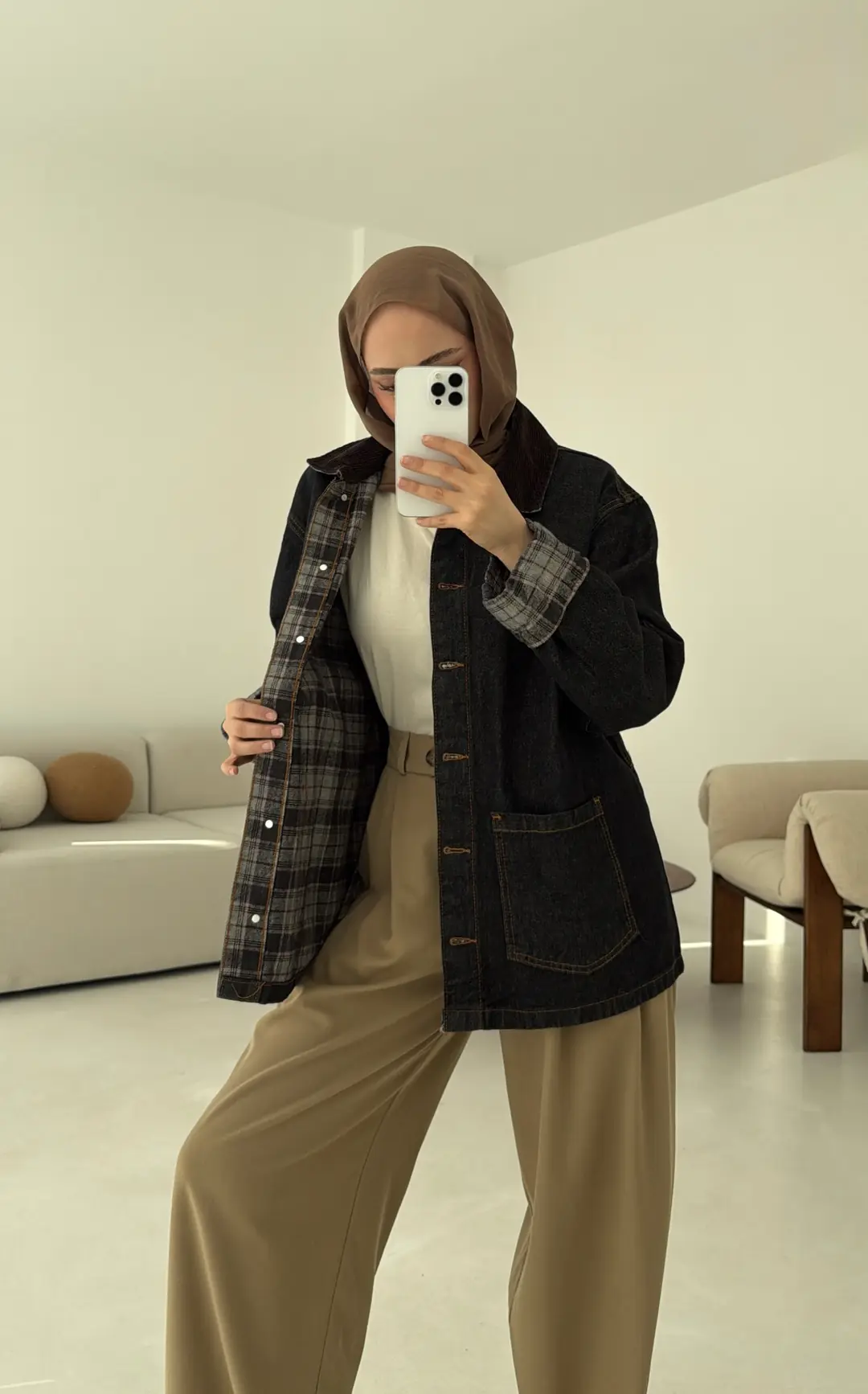 Astarı Ekose Detay Denim Ceket