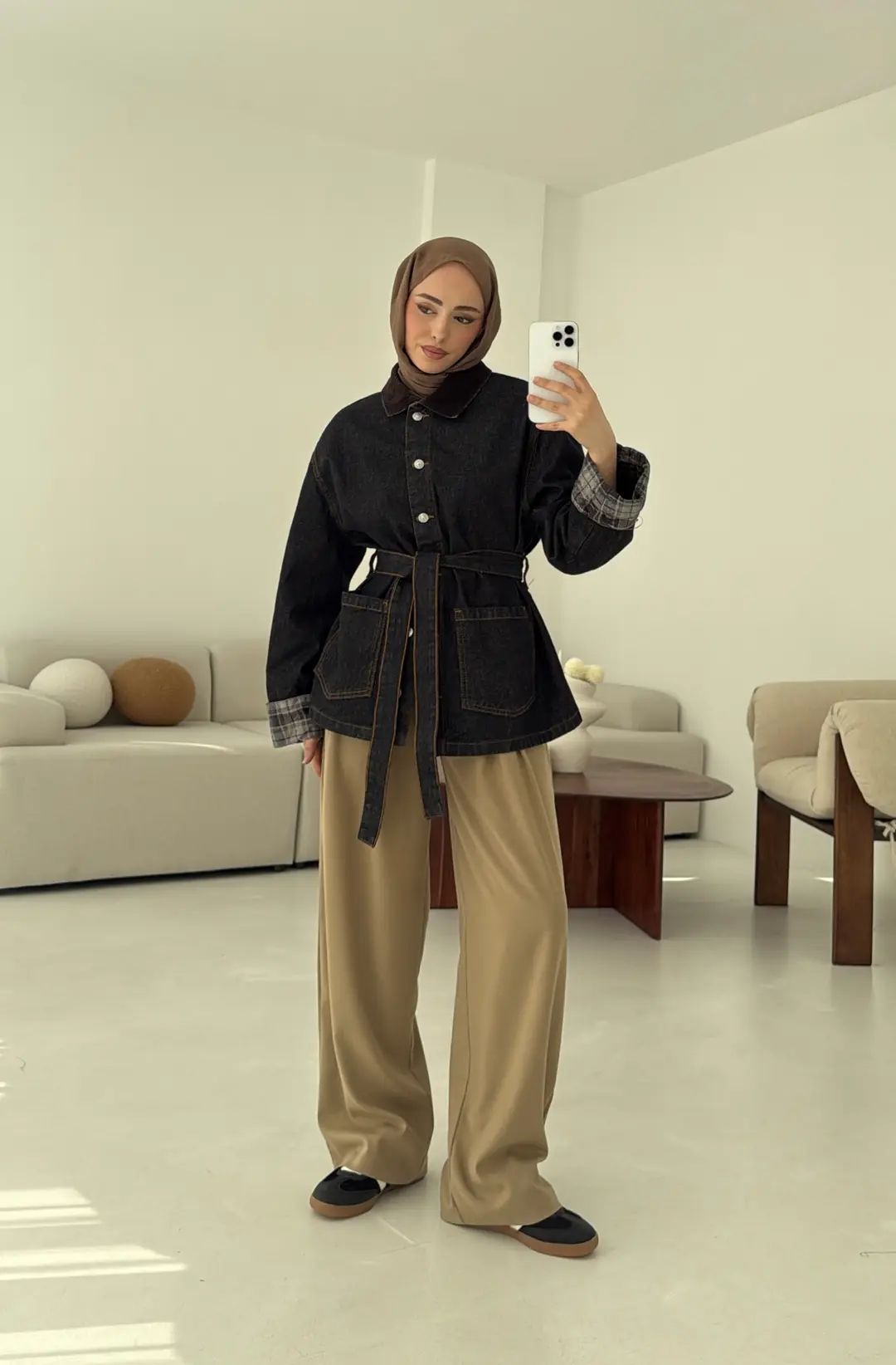 Astarı Ekose Detay Denim Ceket
