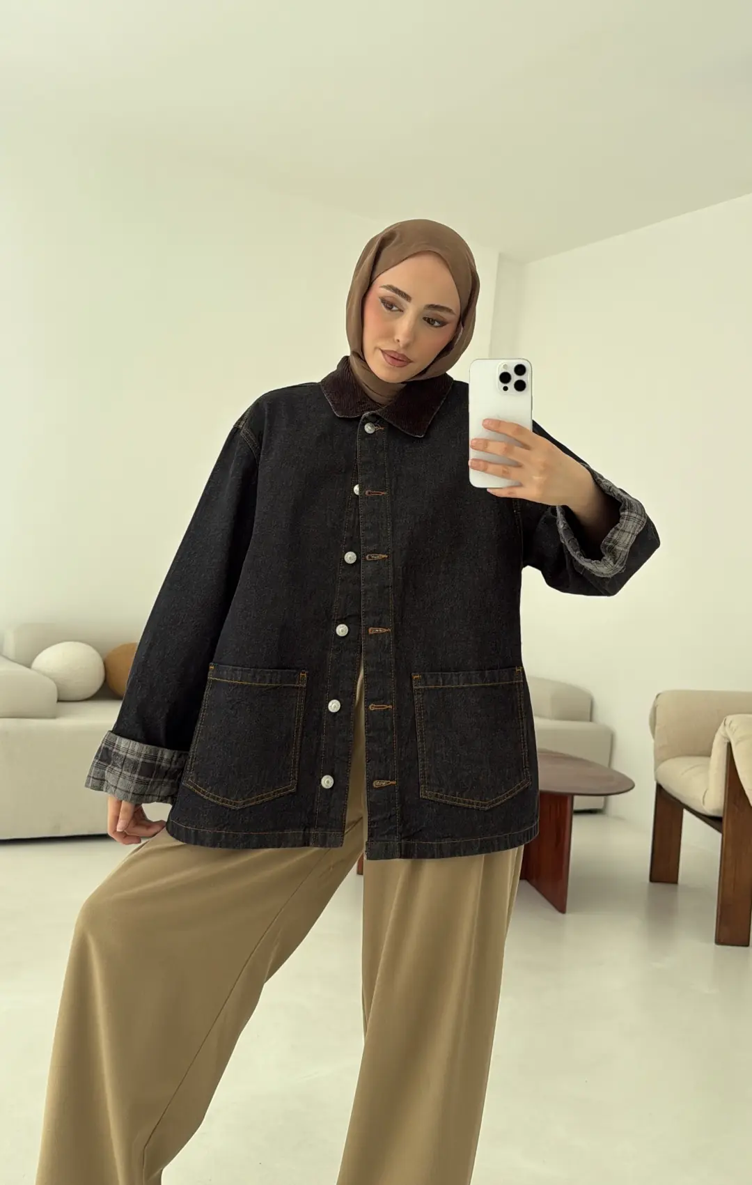 Astarı Ekose Detay Denim Ceket