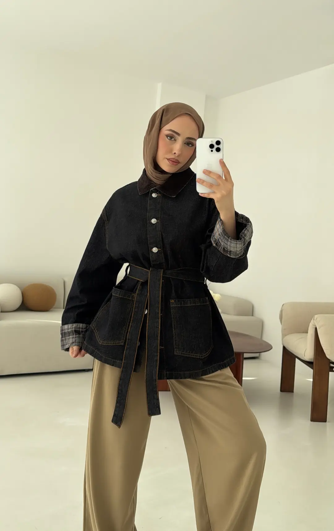 Astarı Ekose Detay Denim Ceket