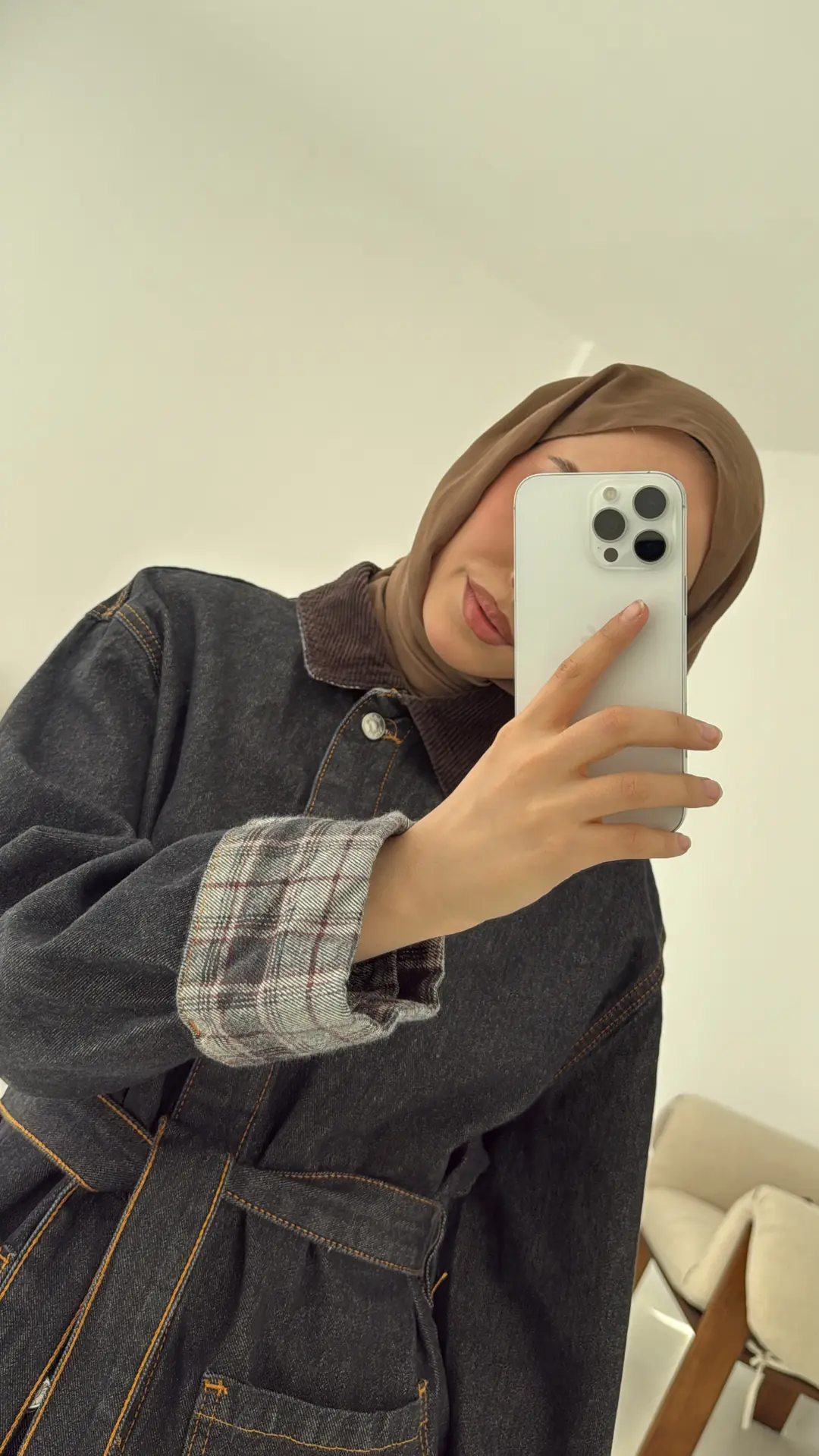 Astarı Ekose Detay Denim Ceket