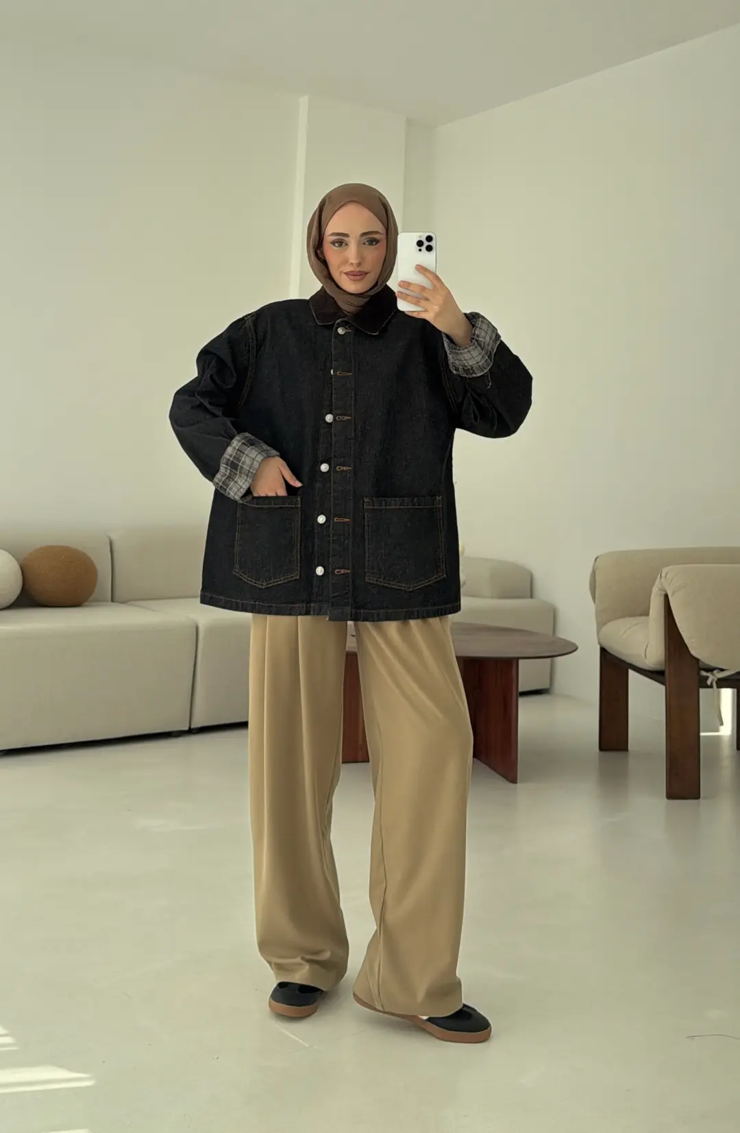 Astarı Ekose Detay Denim Ceket