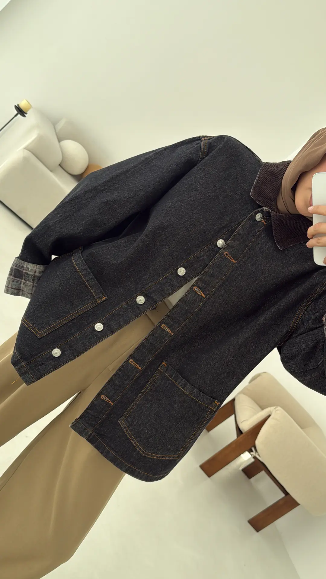 Astarı Ekose Detay Denim Ceket