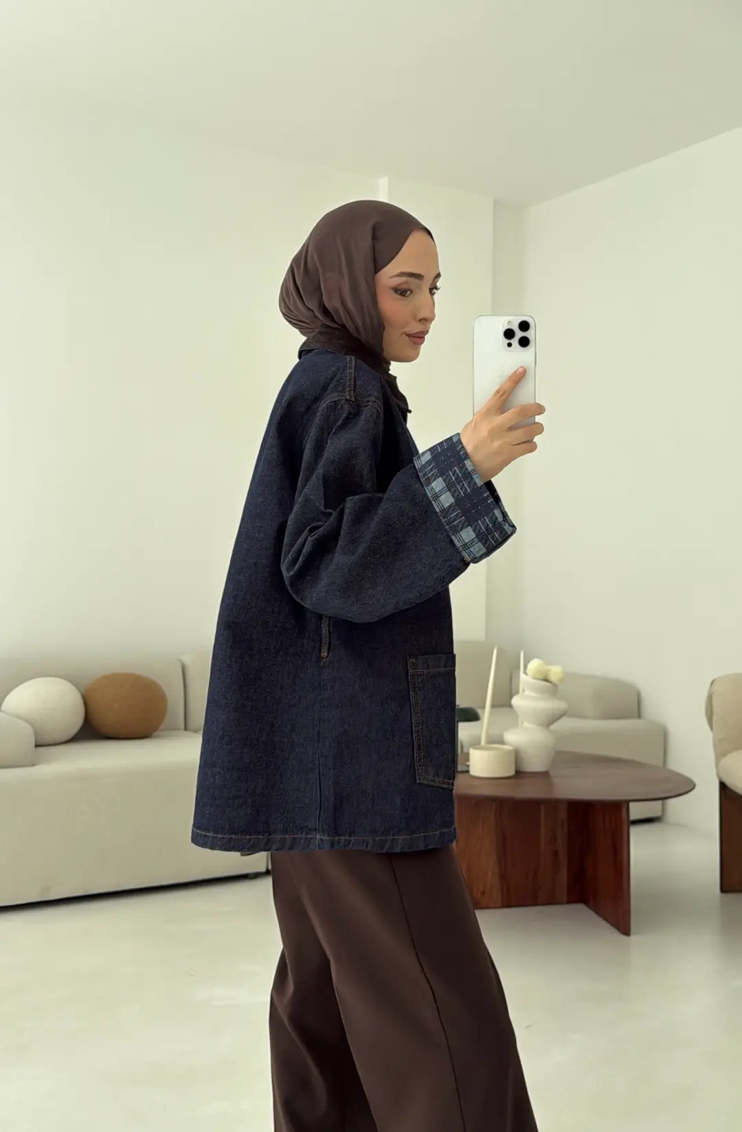 Astarı Ekose Detay Denim Ceket Mavi
