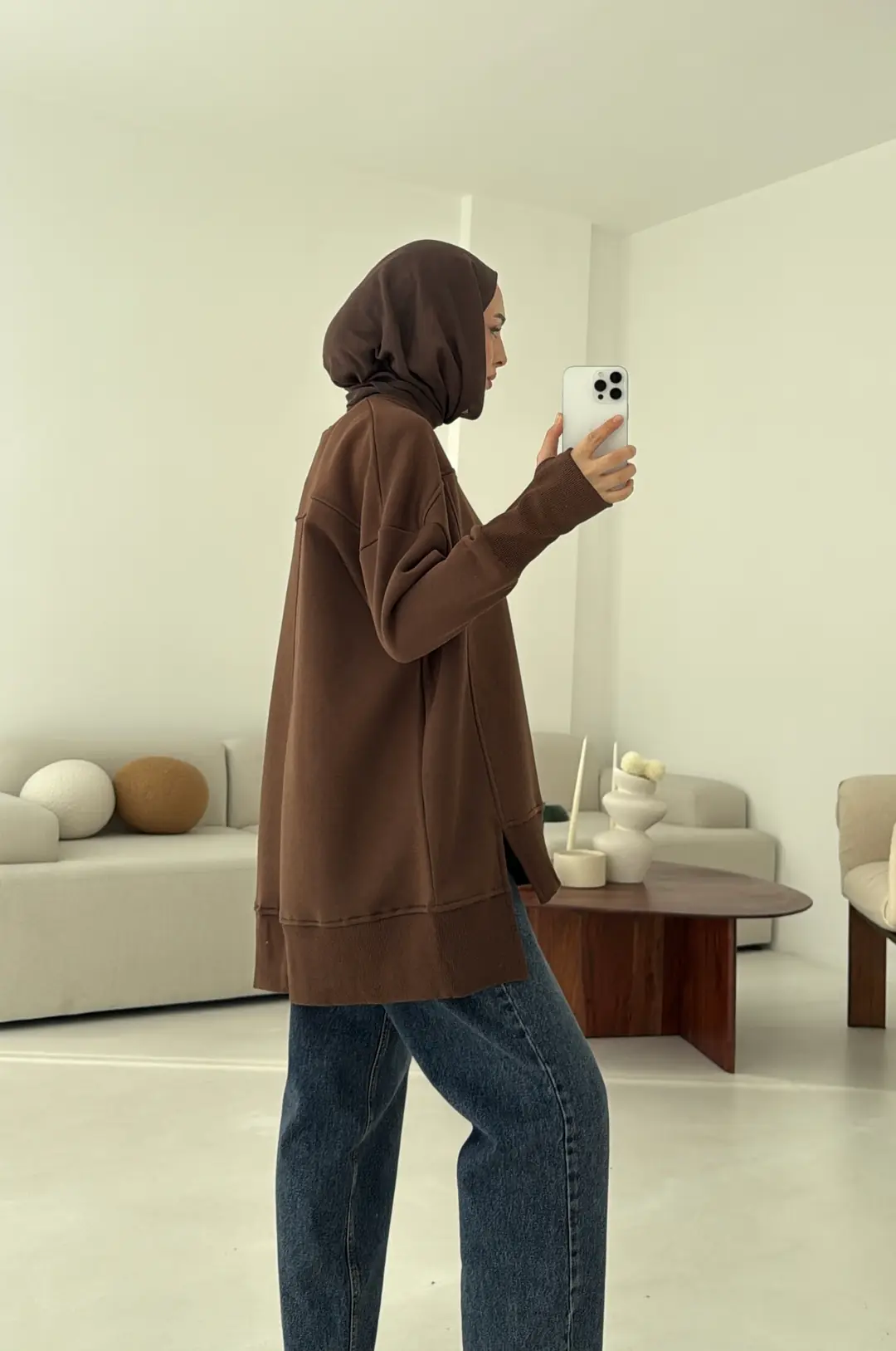 Parmak Geçmeli Asimetri Kesim Sweat Kahve
