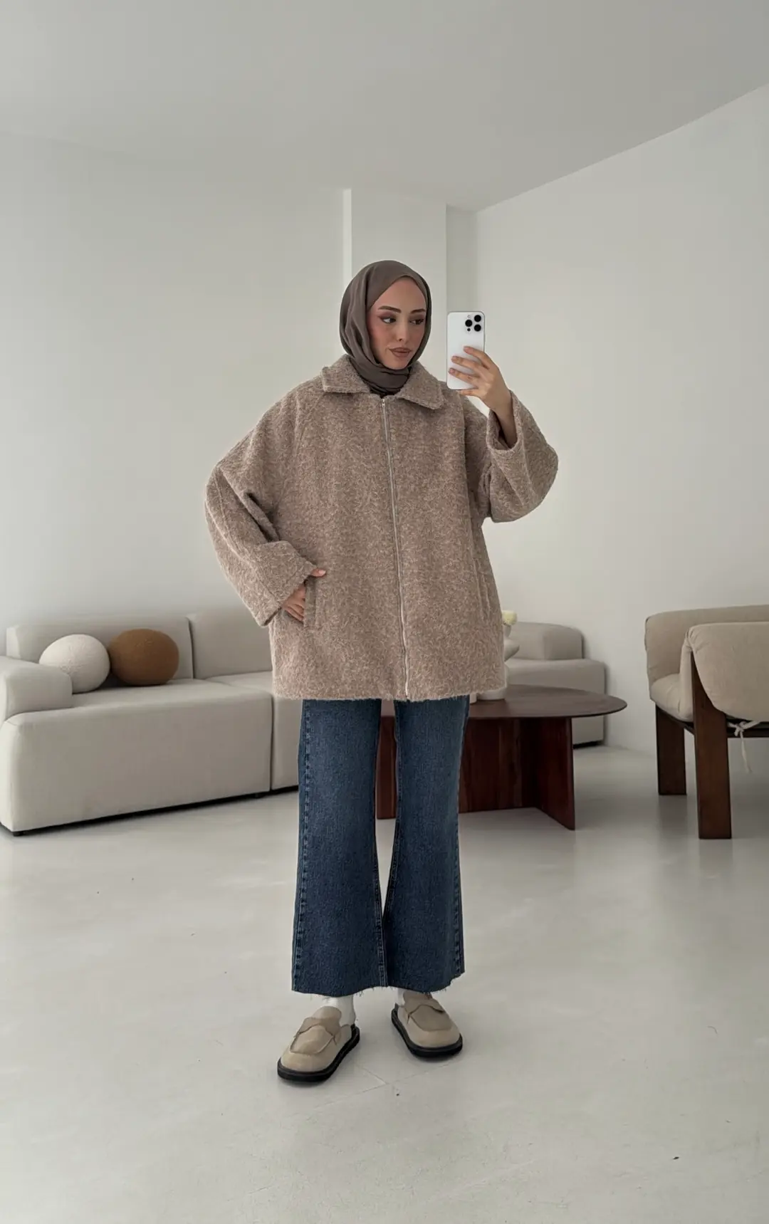 Kırçıllı Fermuarlı Kaban Bej