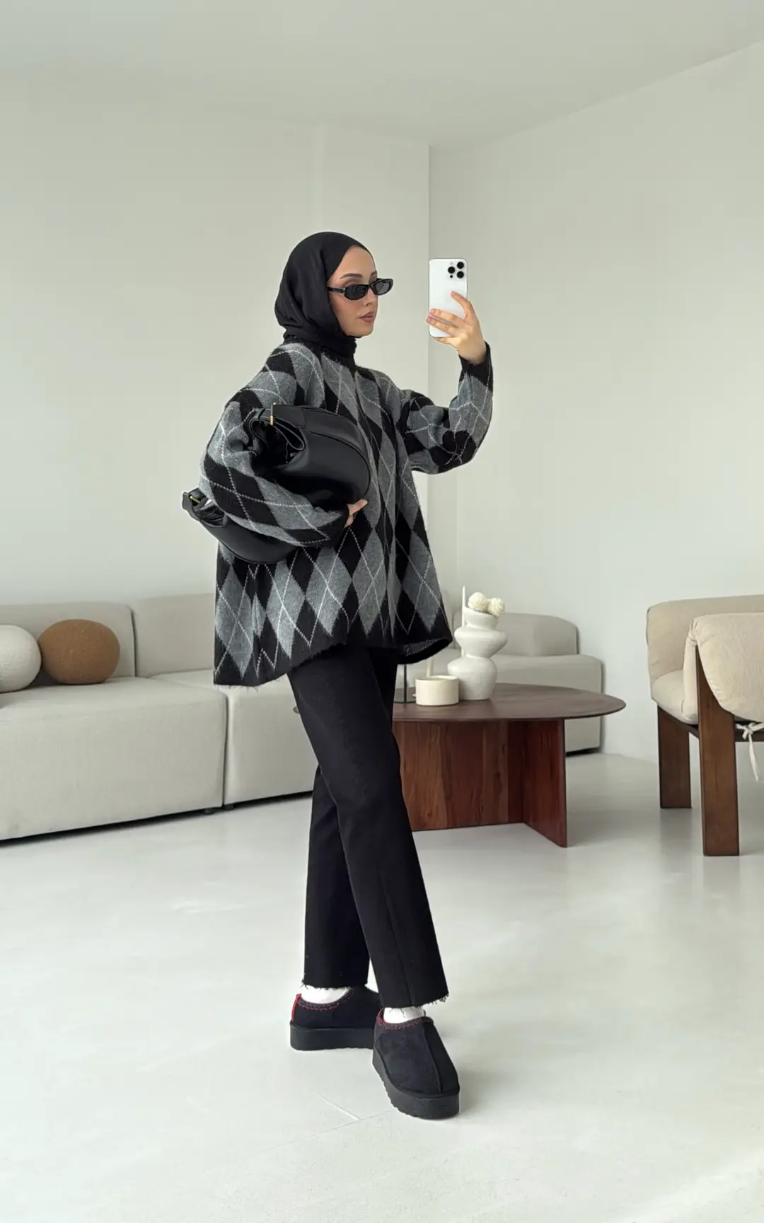 Premium Desenli Kalın Kazak Gri/Siyah