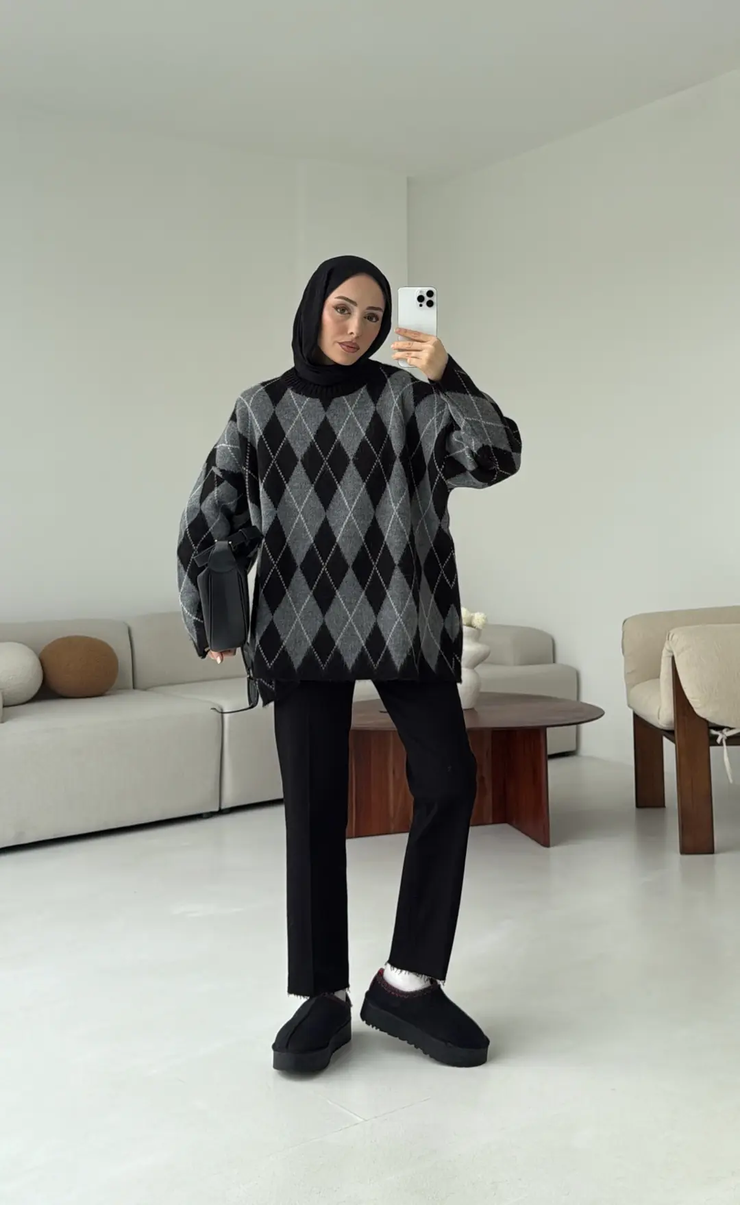 Premium Desenli Kalın Kazak Gri/Siyah