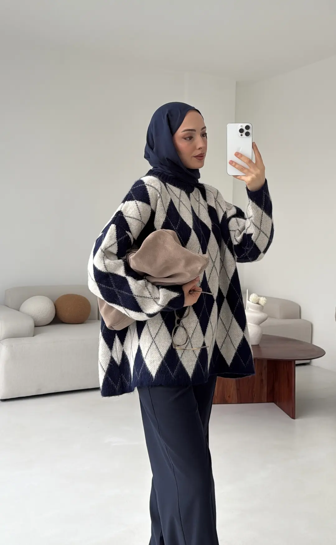 Premium Desenli Kalın Kazak Krem/Lacivert