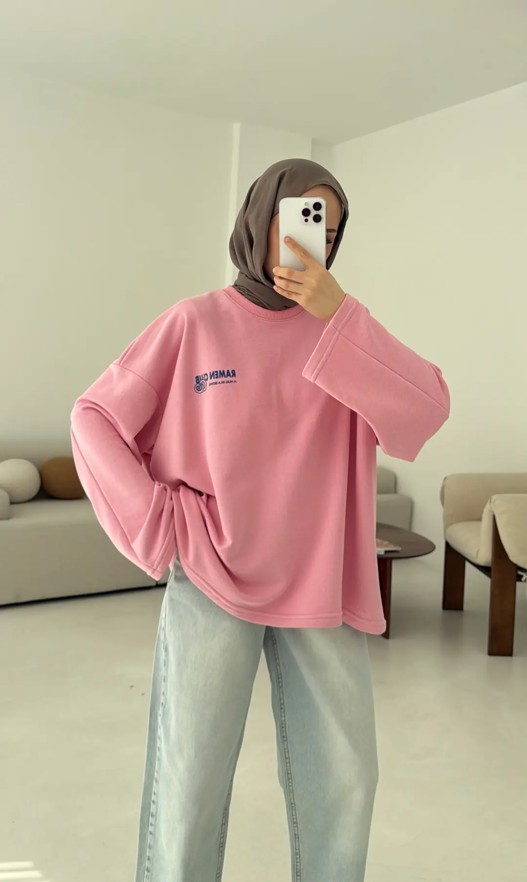 Ramen Baskılı Sweat Pembe