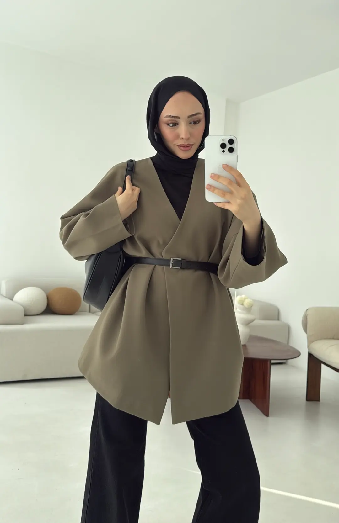 Deri Kemer Detay Oversize Ceket Haki