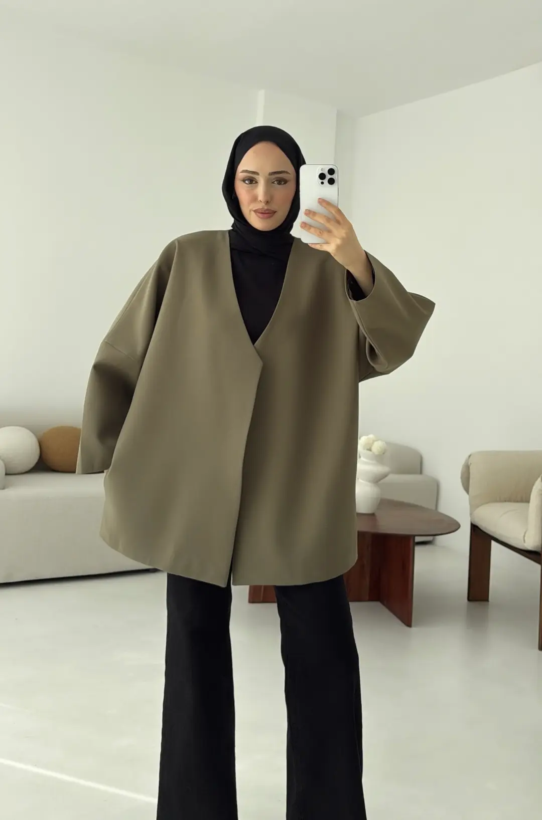 Deri Kemer Detay Oversize Ceket Haki