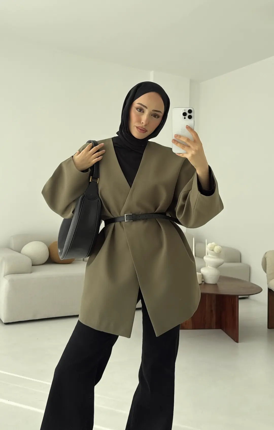 Deri Kemer Detay Oversize Ceket Haki
