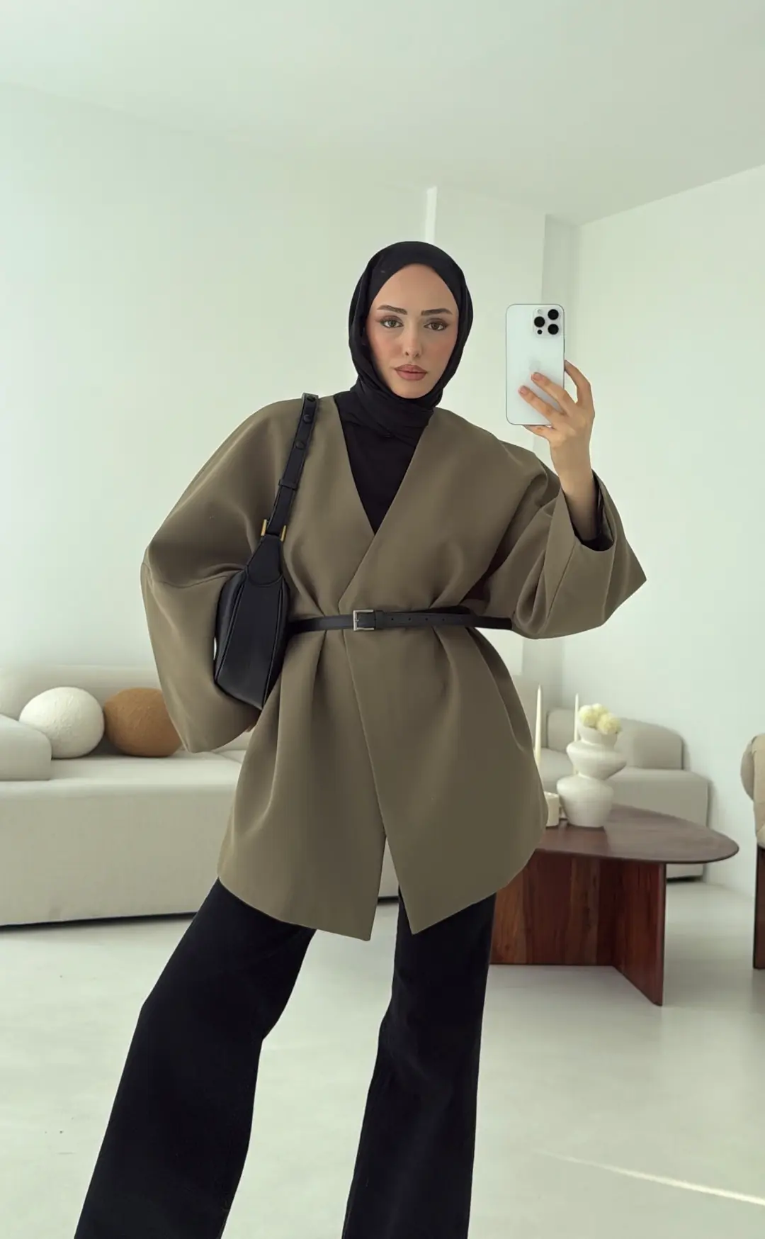 Deri Kemer Detay Oversize Ceket Haki