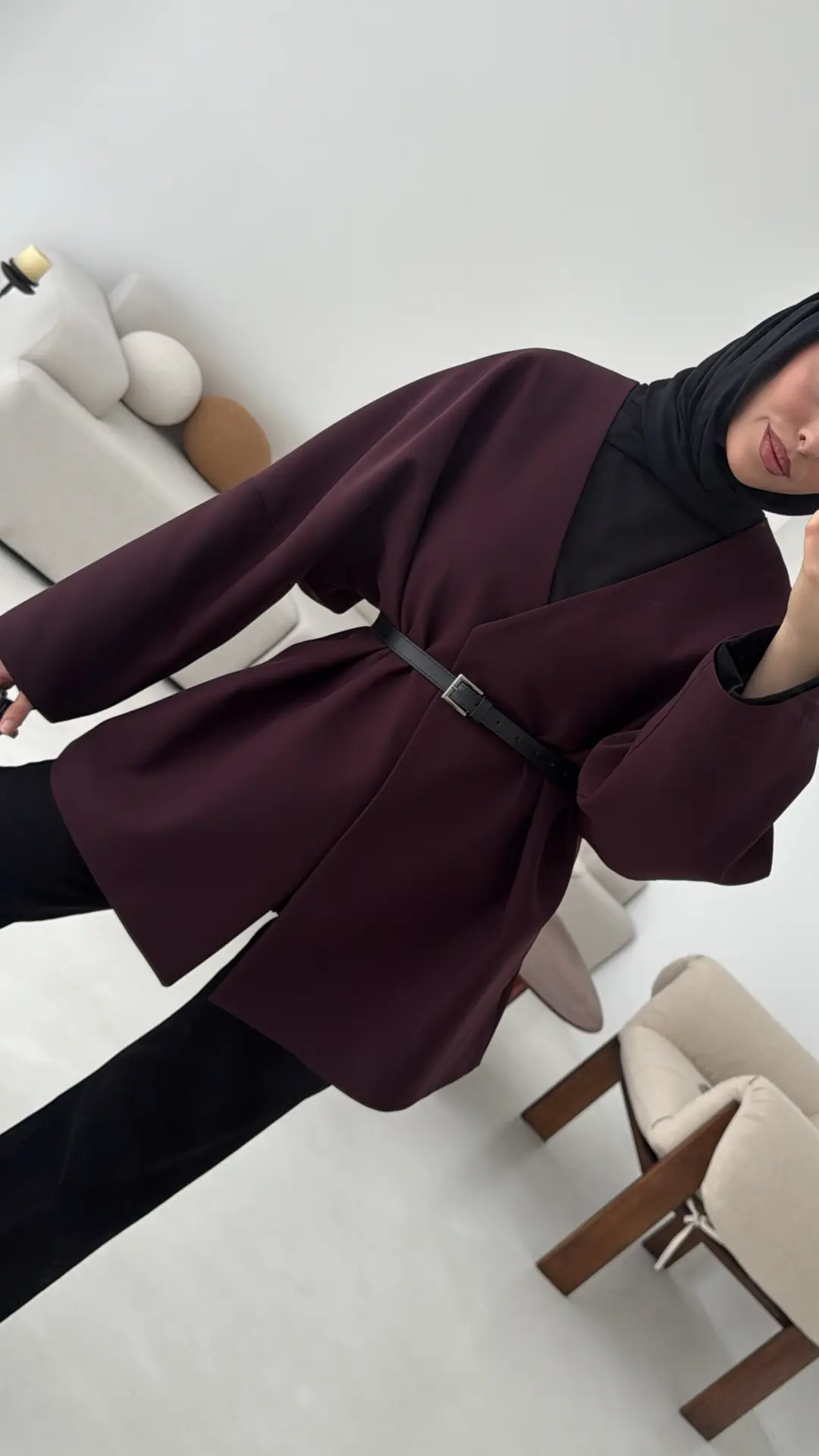 Deri Kemer Detay Oversize Ceket Mürdüm