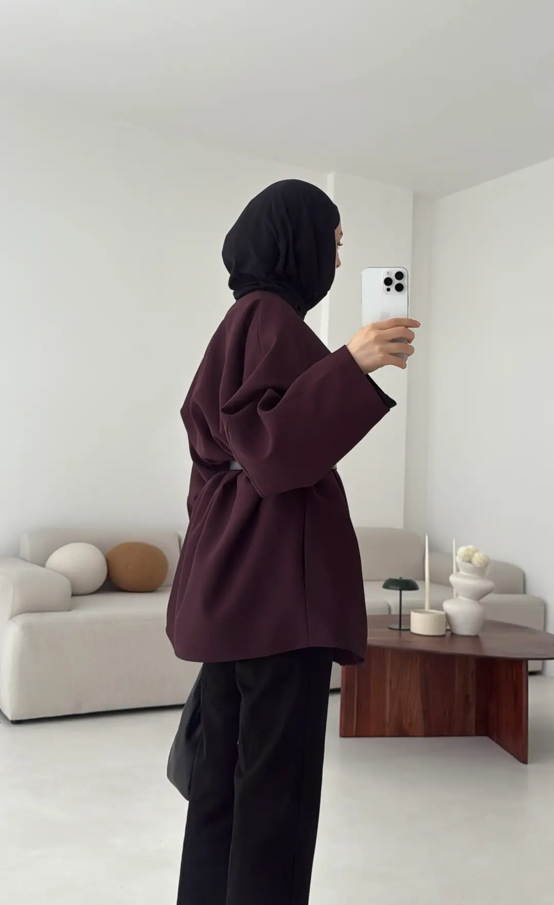 Deri Kemer Detay Oversize Ceket Mürdüm