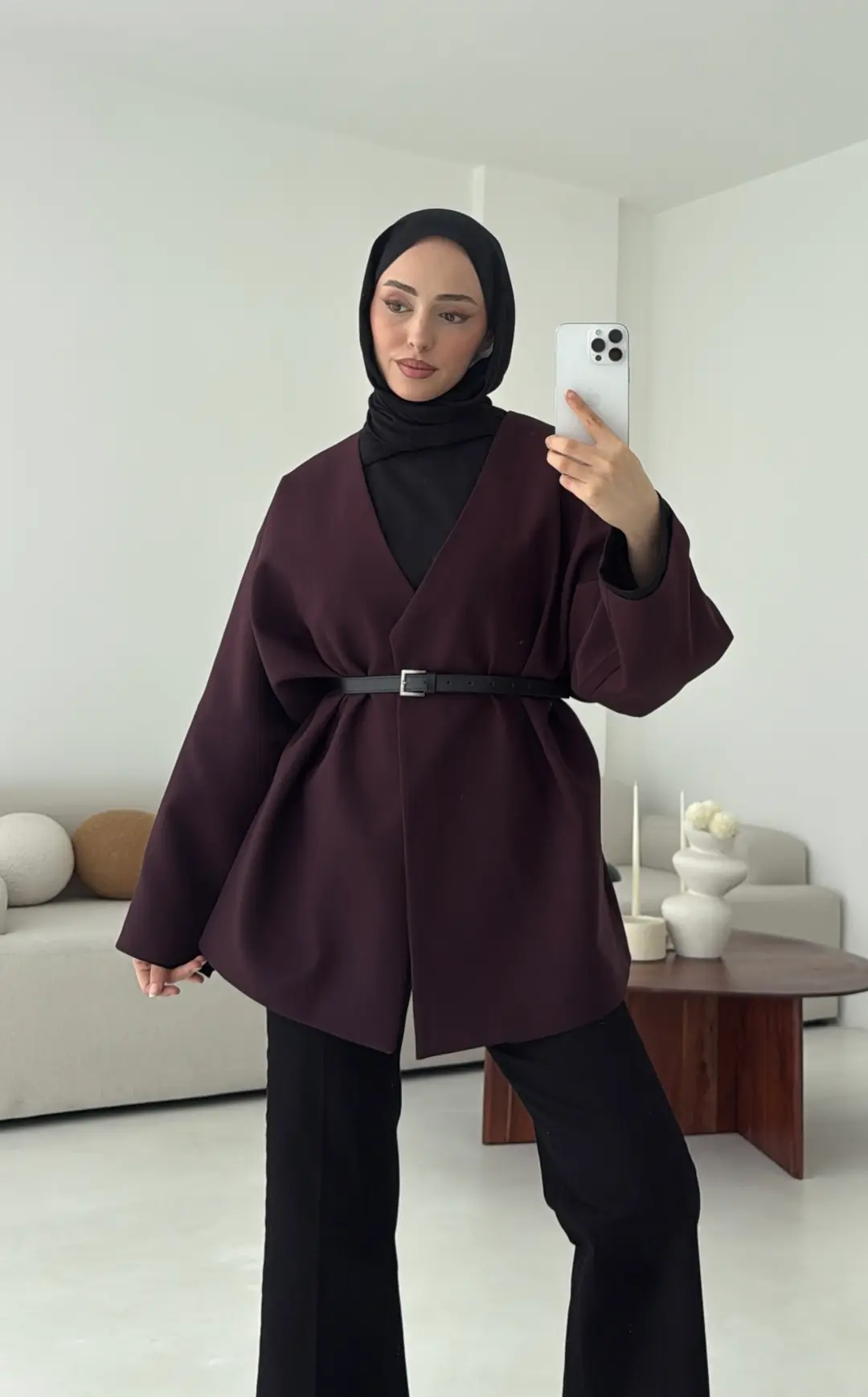 Deri Kemer Detay Oversize Ceket Mürdüm