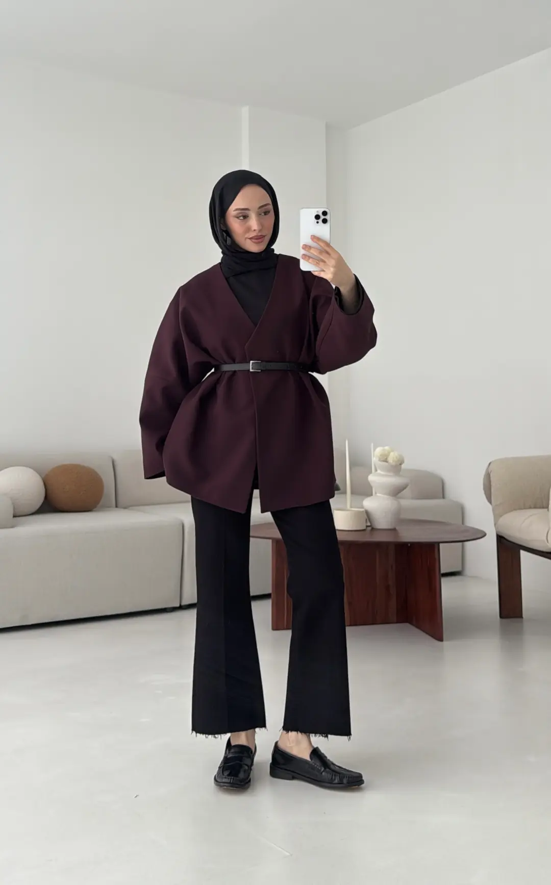 Deri Kemer Detay Oversize Ceket Mürdüm