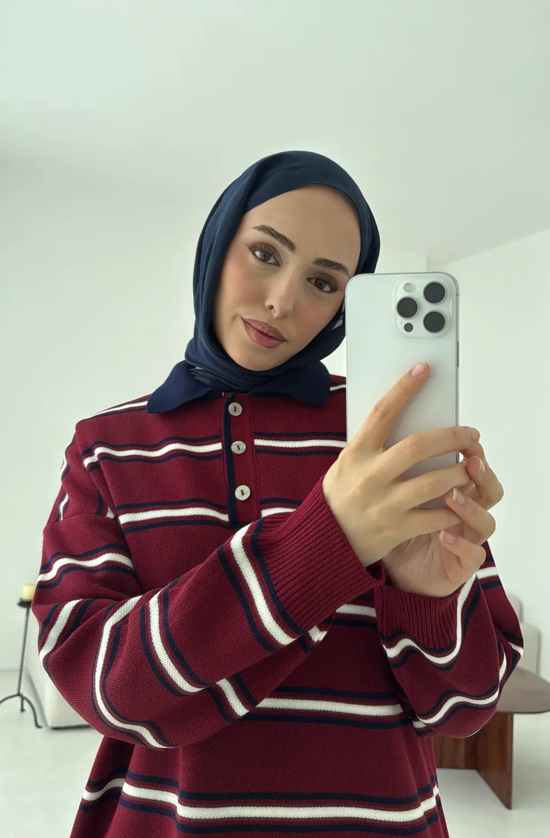 Bordo Çizgili Polo Yaka Triko Kazak