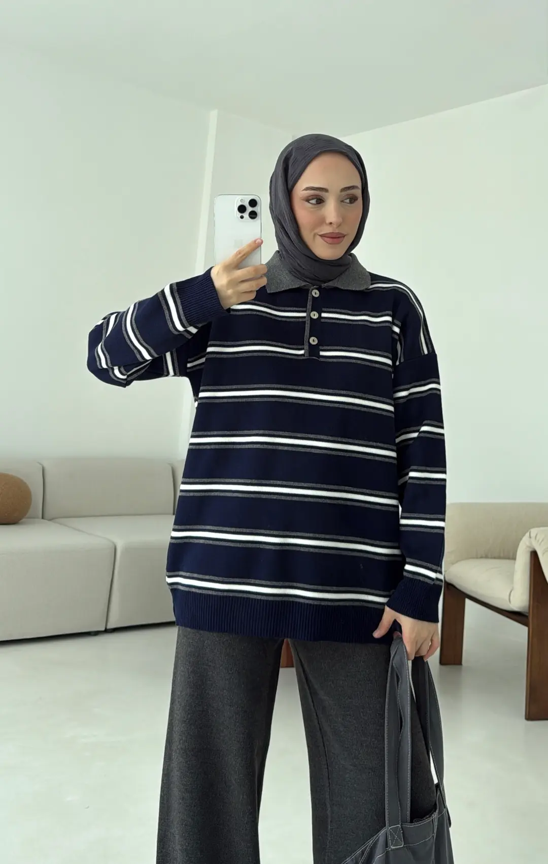 Lacivert Çizgili Polo Yaka Triko Kazak