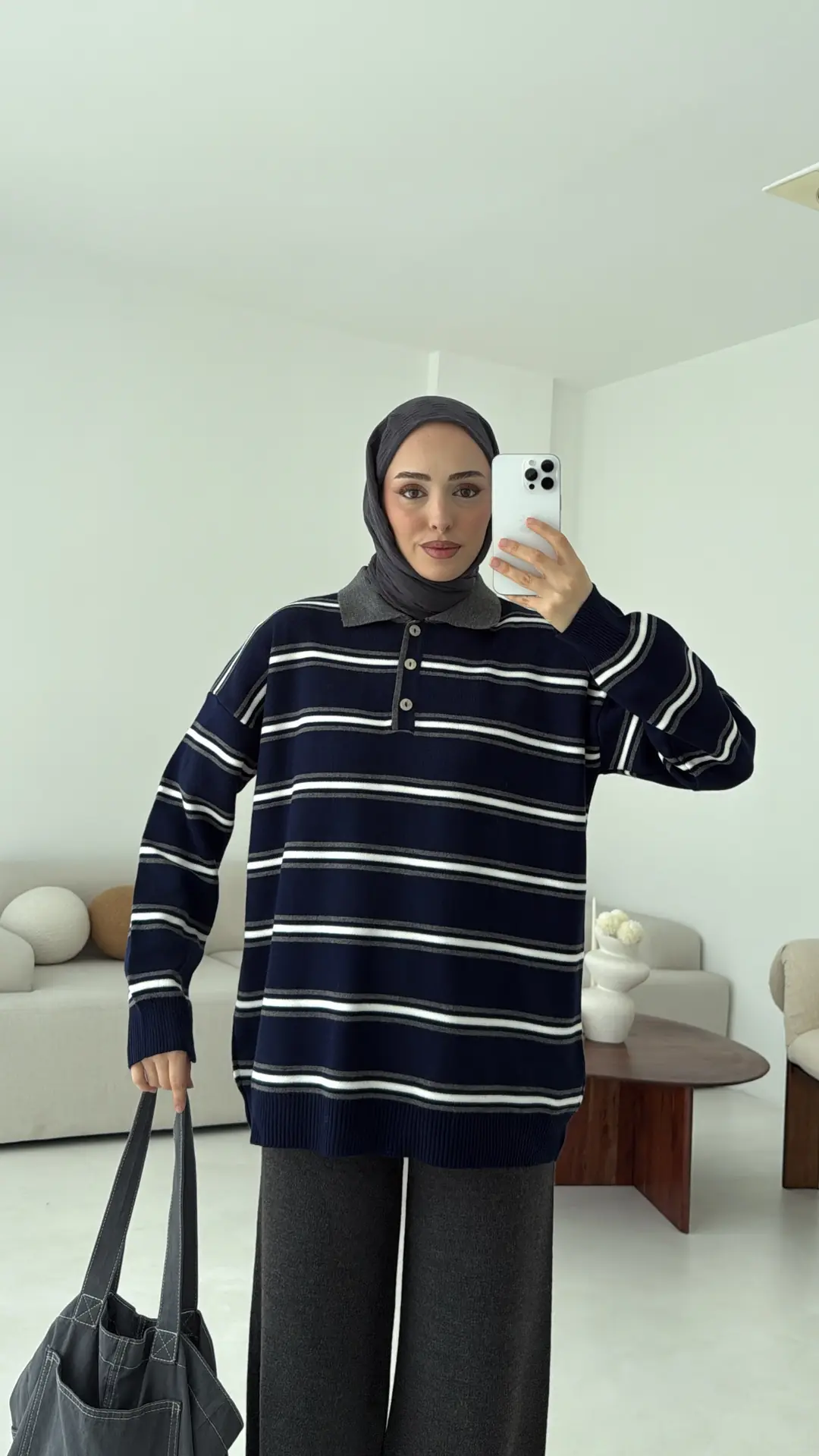 Lacivert Çizgili Polo Yaka Triko Kazak
