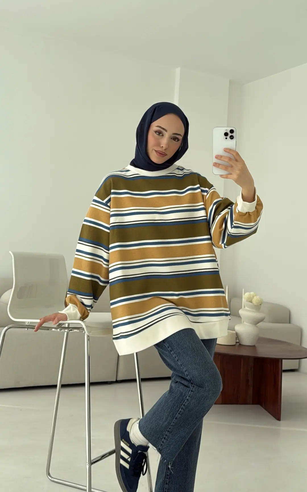 Haki Çizgili Sweatshirt