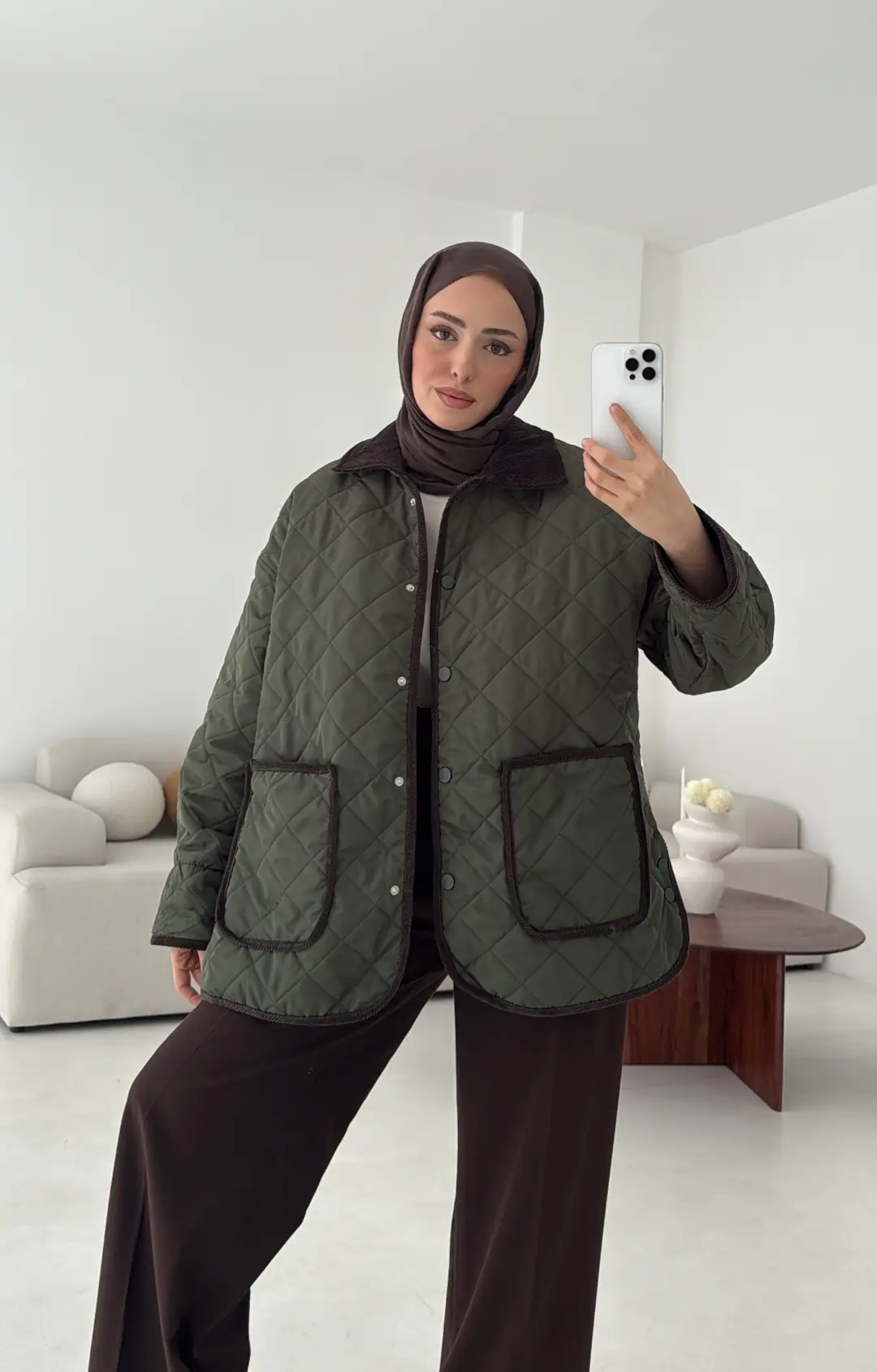 Kapitone Kadife Geçişli Ceket Haki