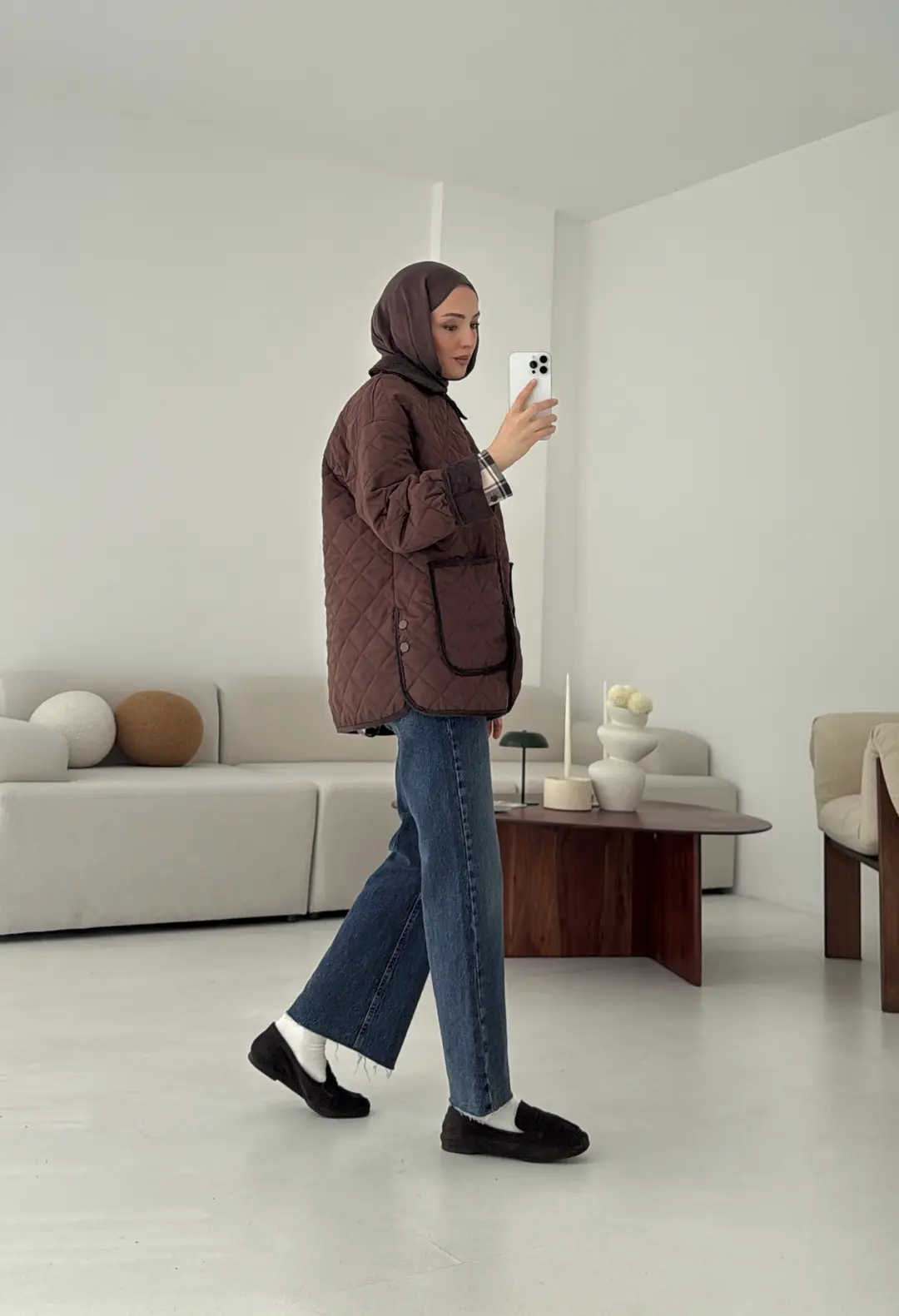 Kapitone Kadife Geçişli Ceket Kahve
